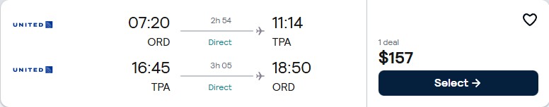 Non-stop flights from Chicago to Tampa, Florida for only $157 roundtrip with United Airlines. Also works in reverse. Flight deal ticket image.