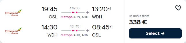 Cheap flights from Oslo, Norway to Windhoek, Namibia for only €338 roundtrip. Flight deal ticket image.