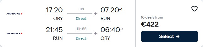 Non-stop flights from Paris, France to Reunion for only €422 roundtrip with Air France. Flight deal ticket image.