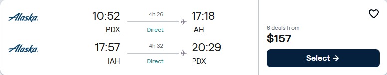 Non-stop flights from Portland, Oregon to Houston, Texas for only $157 roundtrip with Alaska Airlines. Also works in reverse. Flight deal ticket image.