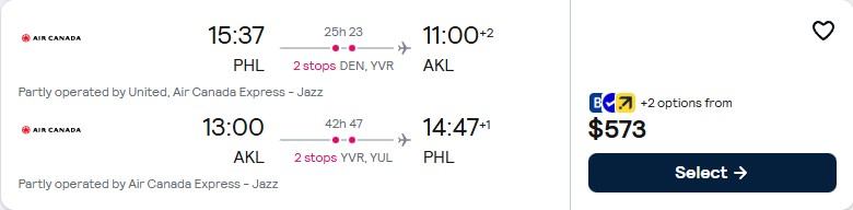Click here to book this cheap flight deal. Cheap flights from Philadelphia to Auckland, New Zealand for only $573 roundtrip with United Airlines and Air Canada. Flight deal ticket image.