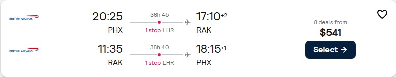 Cheap flights from Phoenix, Arizona to Marrakesh, Morocco for only $541 roundtrip with British Airways. Flight deal ticket image.