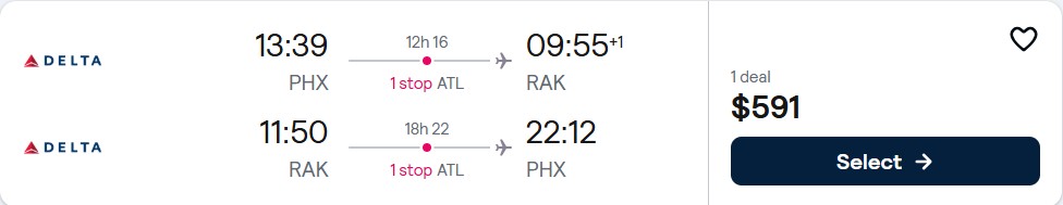 Click here to book this cheap flight deal. Cheap flights from Phoenix, Arizona to Marrakesh, Morocco for only $591 roundtrip with Delta Air Lines. Flight deal ticket image.