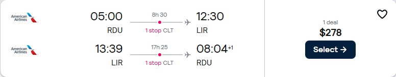 Cheap flights from Raleigh, North Carolina to Liberia, Costa Rica for only $278 roundtrip with American Airlines. Flight deal ticket image.