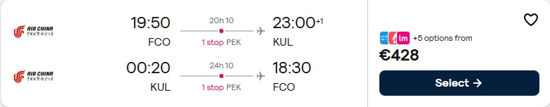 Click here to book this cheap flight deal. Cheap flights from Rome, Italy to Kuala Lumpur, Malaysia for only €428 roundtrip. Flight deal ticket image.