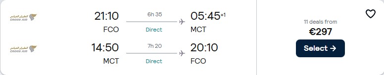 Click here to book this cheap flight deal. Non-stop flights from Rome, Italy to Muscat, Oman for only €297 roundtrip. Flight deal ticket image.