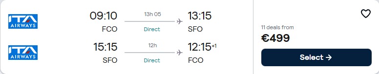 Non-stop flights from Rome, Italy to San Francisco, USA for only €499 roundtrip. Flight deal ticket image.