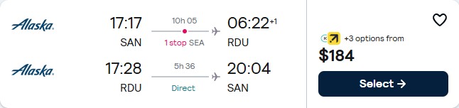 Cheap flights from San Diego to Raleigh, North Carolina for only $184 roundtrip with Alaska Airlines. Also works in reverse. Flight deal ticket image.