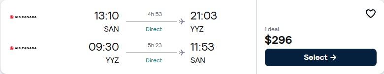 Click here to book this cheap flight deal. Non-stop flights from San Diego to Toronto, Canada for only $296 roundtrip with Air Canada. Flight deal ticket image.
