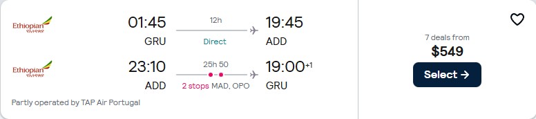 Cheap flights from Sao Paulo, Brazil to Addis Ababa, Ethiopia for only $549 USD roundtrip with TAP Air Portugal. Flight deal ticket image.
