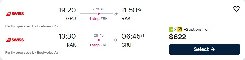 Cheap flights from Sao Paulo, Brazil to Marrakesh, Morocco for only $622 USD roundtrip with Swiss International Air Lines. Flight deal ticket image.