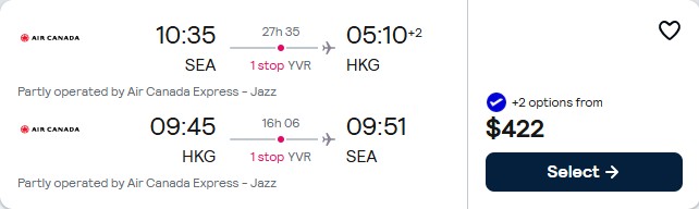Click here to book this cheap flight deal. Cheap flights from Seattle to Hong Kong for only $422 roundtrip with Air Canada. Flight deal ticket image.