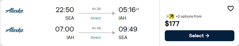 Non-stop flights from Seattle to Houston, Texas for only $177 roundtrip with Alaska Airlines. Also works in reverse. Flight deal ticket image.