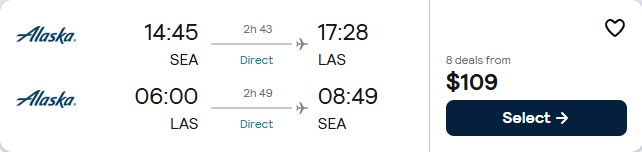 Non-stop flights from Seattle to Las Vegas for only $109 roundtrip with Alaska Airlines. Also works in reverse. Flight deal ticket image.