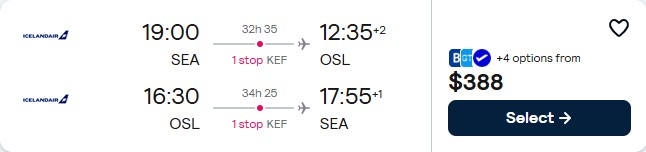 Cheap flights from Seattle to Oslo, Norway for only $388 roundtrip. Flight deal ticket image.