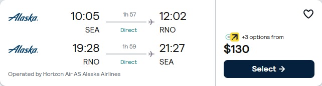 Click here to book this cheap flight deal. Non-stop flights from Seattle to Reno, Nevada for only $130 roundtrip with Alaska Airlines. Also works in reverse. Flight deal ticket image.