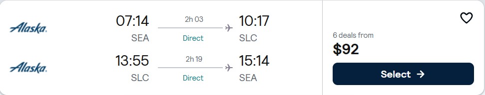 Non-stop flights from Seattle to Salt Lake City, Utah for only $92 roundtrip with Alaska Airlines. Also works in reverse. Flight deal ticket image.