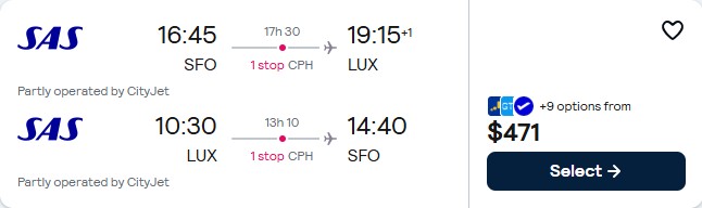 Cheap flights from San Francisco to Luxembourg for only $471 roundtrip with Scandinavian Airlines. Flight deal ticket image.