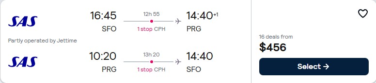 Click here to book this cheap flight deal. Summer flights from San Francisco to Prague, Czech Republic for only $456 roundtrip with Scandinavian Airlines. Flight deal ticket image.