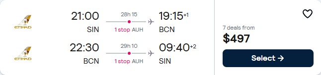 Click here to book this cheap flight deal. Cheap flights from Singapore to Barcelona, Spain for only $497 USD roundtrip with Etihad Airways. Flight deal ticket image.