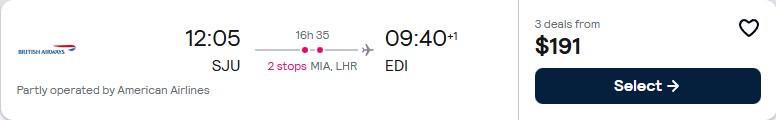 Cheap flights from San Juan, Puerto Rico to European cities from only $191 USD one-way with American Airlines and British Airways. Flight deal ticket image.