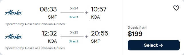 Non-stop flights from Sacramento, California to Kona, Hawaii for only $199 roundtrip. Also works in reverse. Flight deal ticket image.