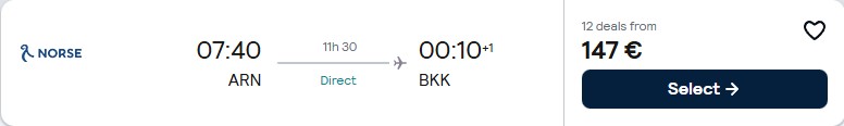 Non-stop flights from Stockholm, Sweden or Oslo, Norway to Bangkok or Phuket, Thailand from only €147 one-way. Flight deal ticket image.