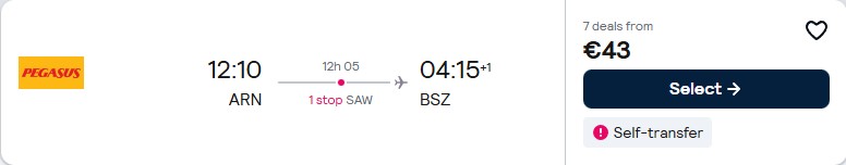 Click here to book this cheap flight deal. Cheap flights from European cities to from only €43 one-way. Flight deal ticket image.