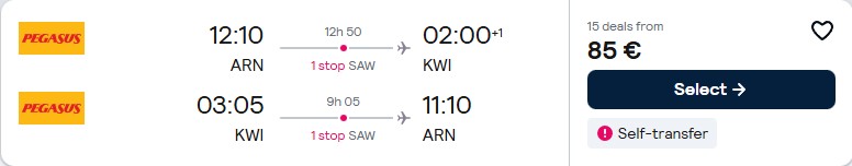 Click here to book this cheap flight deal. Cheap flights from European cities to Kuwait City, Kuwait from only €85 roundtrip. Flight deal ticket image.