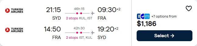 Click here to book this cheap flight deal. Cheap flights from Sydney, Australia to Frankfurt, Germany for only $1186 AUD roundtrip with Turkish Airlines. Flight deal ticket image.