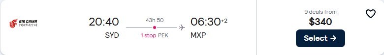 Click here to book this cheap flight deal. Last second flights from Sydney, Australia to European cities from only $340 AUD one-way. **Flight departs tomorrow – 8th February 2026** Flight deal ticket image.