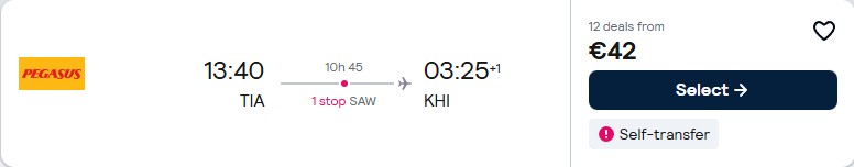 Click here to book this cheap flight deal. Cheap flights from European cities to Karachi, Pakistan from only €42 one-way. Flight deal ticket image.