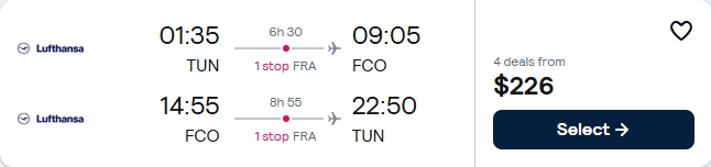 Summer flights from Tunis, Tunisia to Rome, Italy for only $226 USD roundtrip with Lufthansa. Flight deal ticket image.