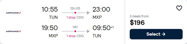 Cheap flights from Tunis, Tunisia to Milan, Italy for only $196 USD roundtrip with Air France. Flight deal ticket image.