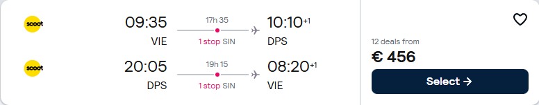 Click here to book this cheap flight deal. Cheap flights from Vienna, Austria to Bali, Indonesia for only €456 roundtrip. Flight deal ticket image.