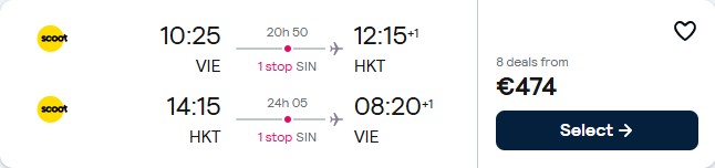 Click here to book this cheap flight deal. Cheap flights from Vienna, Austria to Phuket, Thailand for only €474 roundtrip. Flight deal ticket image.