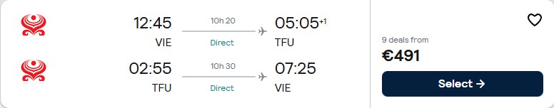 Non-stop flights from Vienna, Austria to Chengdu, China for only €491 roundtrip with Hainan Airlines. Flight deal ticket image.