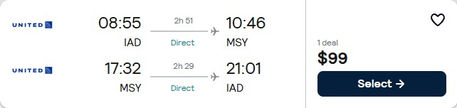 Click here to book this cheap flight deal. Non-stop flights from Washington DC to New Orleans for only $99 roundtrip with United Airlines. Also works in reverse. Flight deal ticket image.