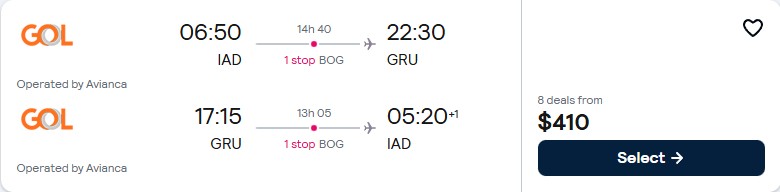 Click here to book this cheap flight deal. Cheap flights from Washington DC to Sao Paulo, Brazil for only $410 roundtrip with Avianca. Flight deal ticket image.