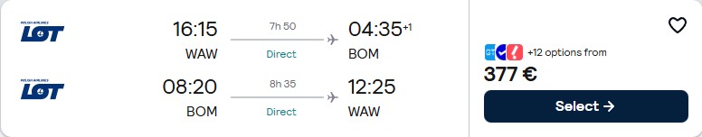 Non-stop flights from Warsaw, Poland to Mumbai, India for only €377 roundtrip with LOT Polish Airlines. Flight deal ticket image.