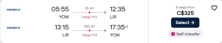 Cheap flights from Ottawa, Canada to Liberia, Costa Rica for only $328 CAD roundtrip. Flight deal ticket image.