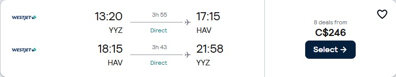 Non-stop flights from Toronto, Canada to Havana, Cuba for only $246 CAD roundtrip. Flight deal ticket image.