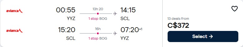 Cheap flights from Toronto, Canada to Santiago, Chile for only $372 CAD roundtrip with Avianca. Flight deal ticket image.
