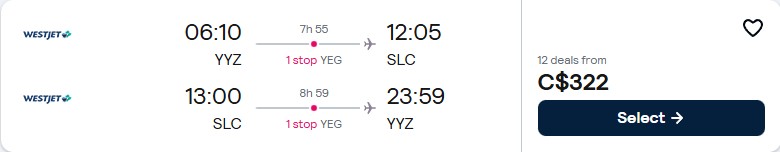 Cheap flights from Toronto, Canada to Salt Lake City, Utah for only $322 CAD roundtrip. Flight deal ticket image.