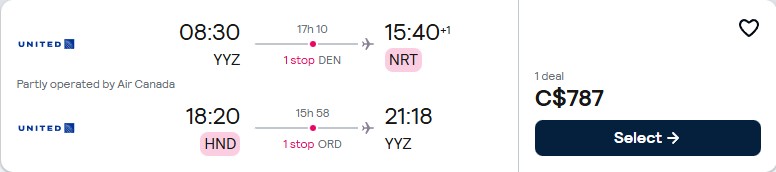 Last minute flights from Toronto, Canada to Tokyo, Japan for only $787 CAD roundtrip with Air Canada and United Airlines. Flight deal ticket image.