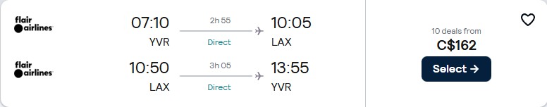 Non-stop flights from Vancouver, Canada to Los Angeles, USA for only $156 CAD roundtrip. Flight deal ticket image.