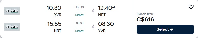 Click here to book this cheap flight deal. Non-stop flights from Vancouver, Canada to Tokyo, Japan for only $625 CAD roundtrip. Flight deal ticket image.