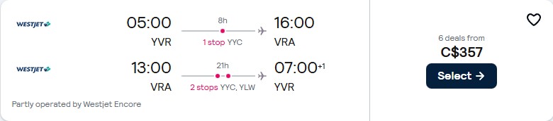 Cheap flights from Vancouver, Canada to Varadero, Cuba for only $357 CAD roundtrip. Flight deal ticket image.