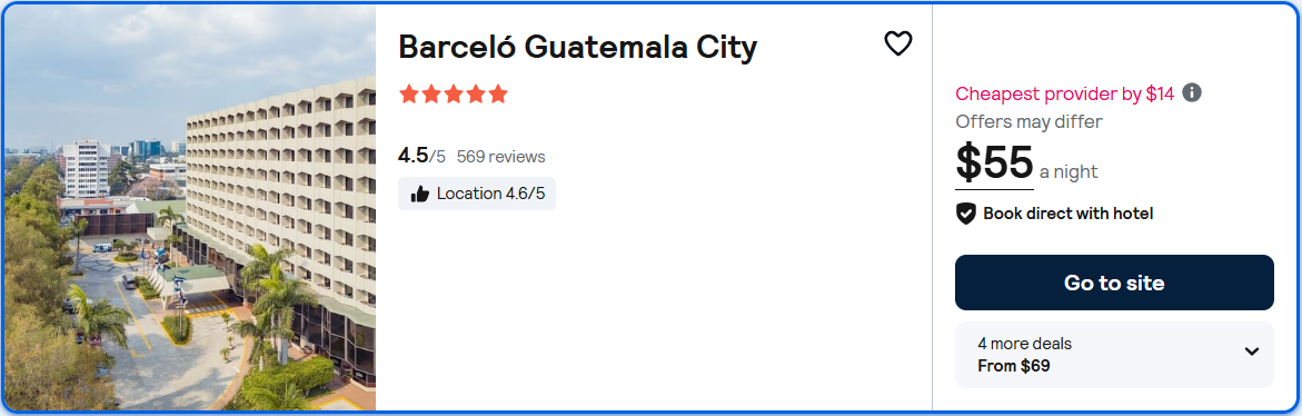 Stay at the 5* Barceló Guatemala City in Guatemala City, Guatemala for only $55 USD per night over New Year. Flight deal ticket image.