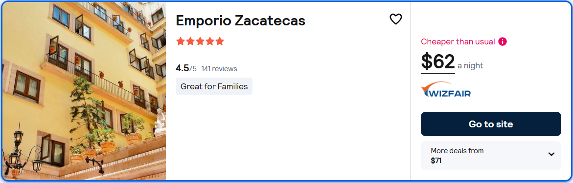 Stay at the 5* Emporio Zacatecas in Zacatecas, Mexico for only $62 USD per night. Flight deal ticket image.